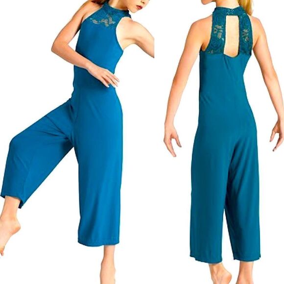 WEISSMAN Dance Costume unitard jumpsuit teal lace Open Hands 12372 adult SA - Picture 1 of 13